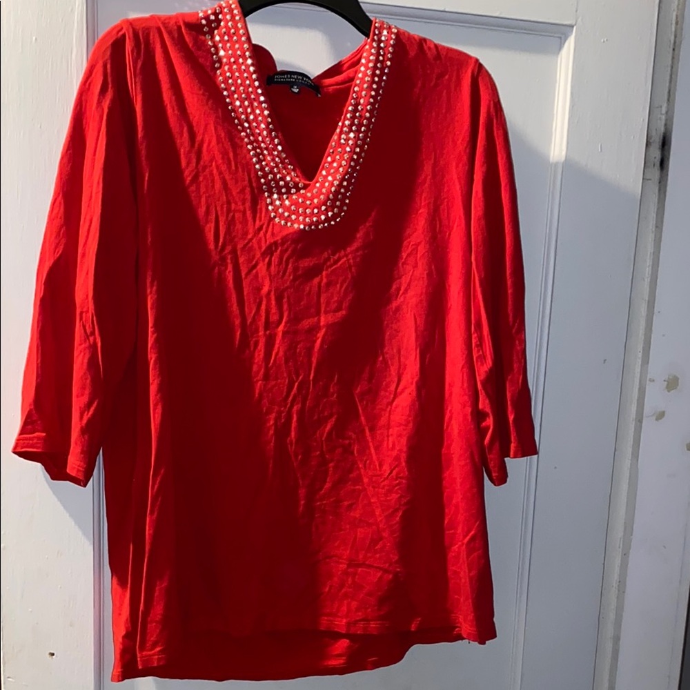 Chico's Red Beaded V-Neck Top
